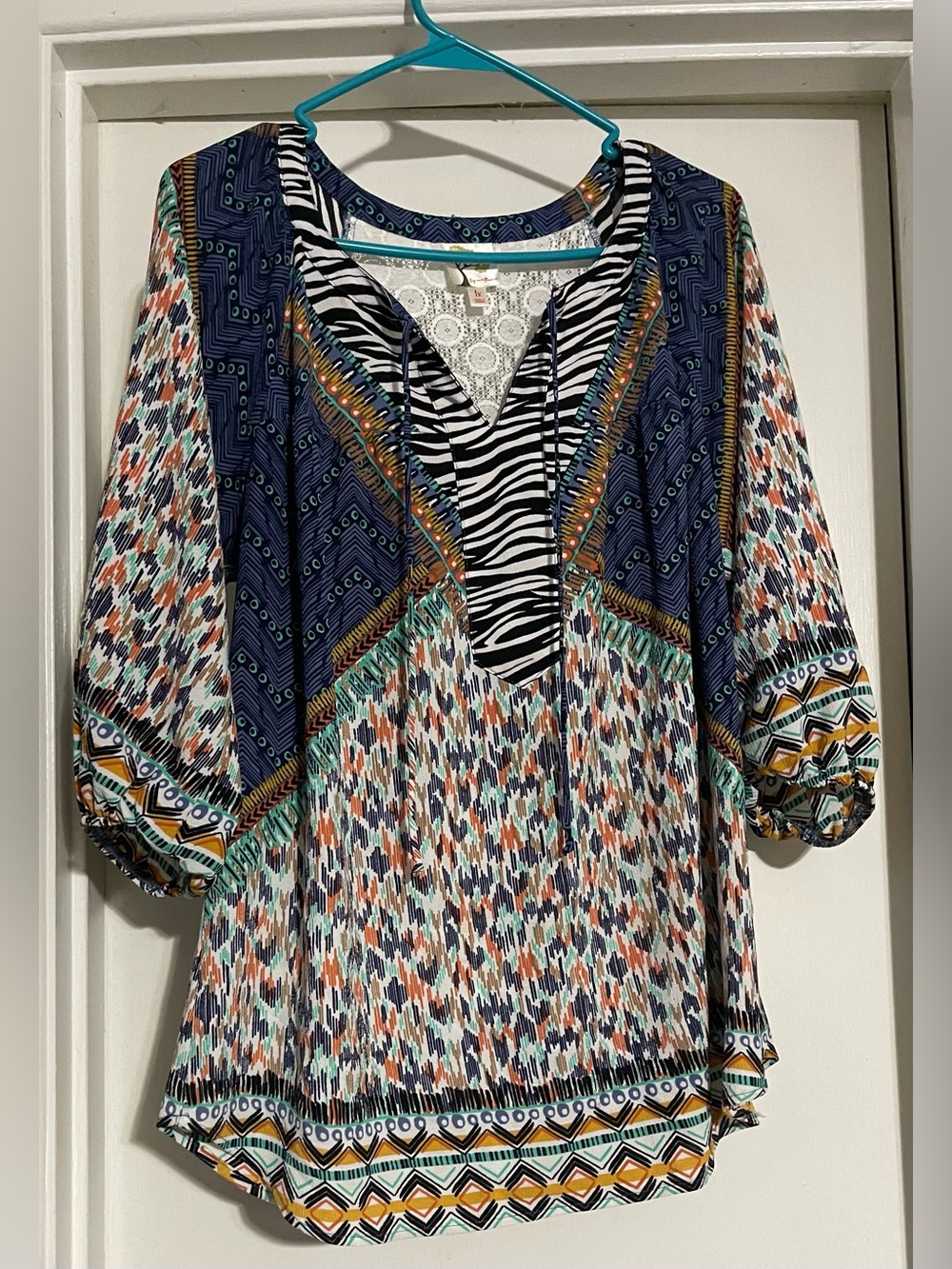 FIG & FLOWER Multi Color Tunic Tie Up Keyhole Lace 3/4 Sleeve Size 1X